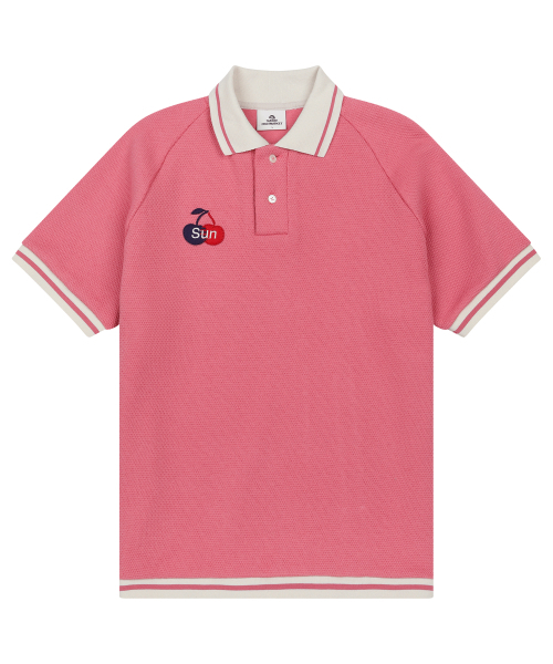 W) Cherry Waffle Collar Tee — женская футболка с вафельным воротником, розовая
