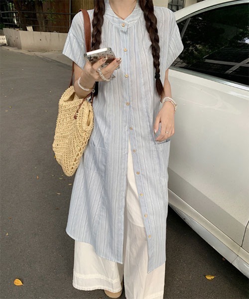 i-dare(アイディア)の「【i-dare】ノーカラー ストライプ 半袖 シャツ ワンピース(シャツワンピース・レディース・ブルー・LARGE/MEDIUM/SMALL)」の5枚目の写真