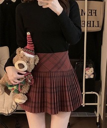 チェック柄 ハイウエストプリーツミニスカート 体型カバー 脚長効果 レディース 秋冬 プリーツスカート