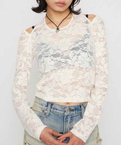 LAGUA GEM（ラグアジェム）の「LACE HALTER NECK トップス（Tシャツ/カットソー・レディース・アイボリー/ブラック/ブラウン・FREE）」の2枚目の写真