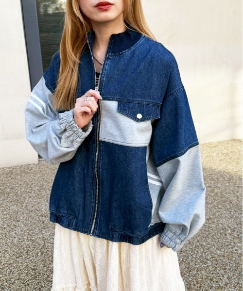 DOUBLE NAME(ダブルネーム)の「ジャージMIXデニムジャケット(カーディガン/ボレロ・レディース・インディゴブルー/ネイビー・FREE)」の2枚目の写真