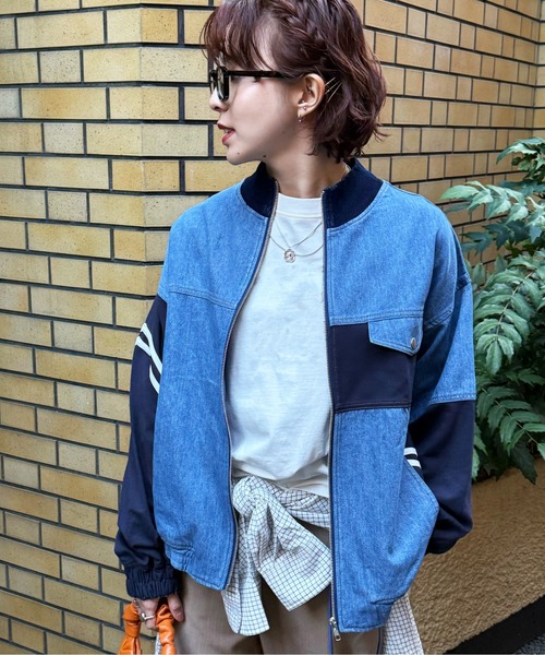 DOUBLE NAME(ダブルネーム)の「ジャージMIXデニムジャケット(カーディガン/ボレロ・レディース・インディゴブルー/ネイビー・FREE)」の3枚目の写真