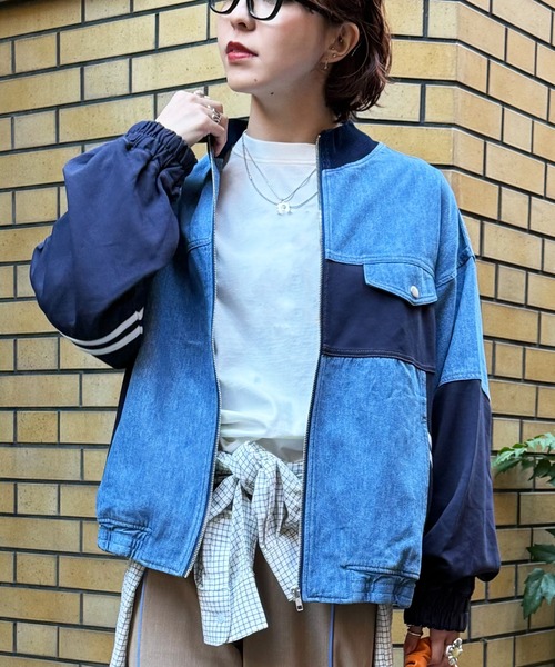 DOUBLE NAME(ダブルネーム)の「ジャージMIXデニムジャケット(カーディガン/ボレロ・レディース・インディゴブルー/ネイビー・FREE)」の6枚目の写真