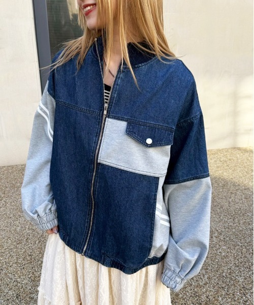 DOUBLE NAME(ダブルネーム)の「ジャージMIXデニムジャケット(カーディガン/ボレロ・レディース・インディゴブルー/ネイビー・FREE)」の7枚目の写真