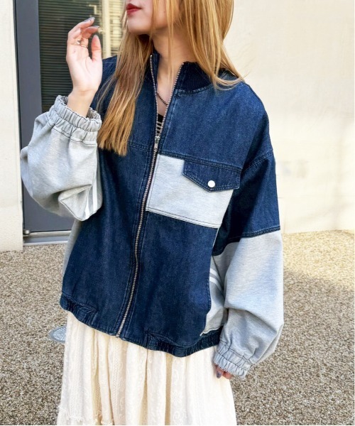 DOUBLE NAME(ダブルネーム)の「ジャージMIXデニムジャケット(カーディガン/ボレロ・レディース・インディゴブルー/ネイビー・FREE)」の8枚目の写真