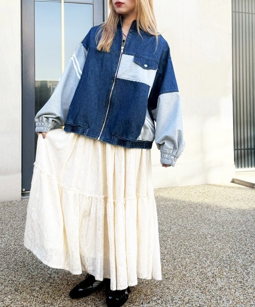 DOUBLE NAME(ダブルネーム)の「ジャージMIXデニムジャケット(カーディガン/ボレロ・レディース・インディゴブルー/ネイビー・FREE)」の9枚目の写真