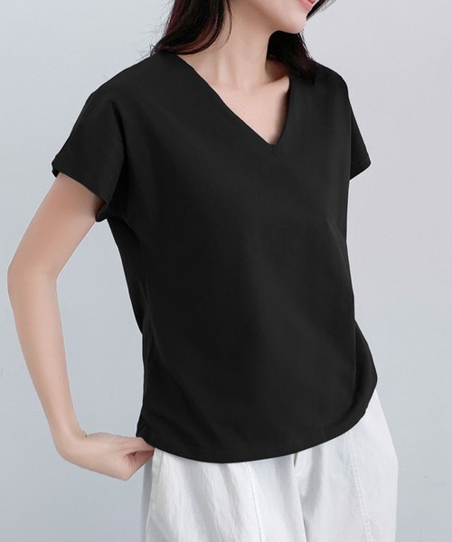 LOWO(ロワ)の「コットンVネックシームレスTシャツ 半袖(Tシャツ/カットソー・レディース・カーキ/ホワイト/チャコールグレー/ブラック・FREE)」の12枚目の写真