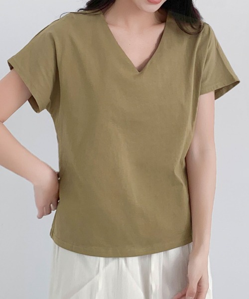LOWO(ロワ)の「コットンVネックシームレスTシャツ 半袖(Tシャツ/カットソー・レディース・カーキ/ホワイト/チャコールグレー/ブラック・FREE)」の15枚目の写真
