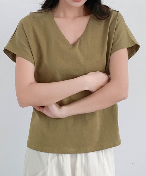 LOWO(ロワ)の「コットンVネックシームレスTシャツ 半袖(Tシャツ/カットソー・レディース・カーキ/ホワイト/チャコールグレー/ブラック・FREE)」の18枚目の写真