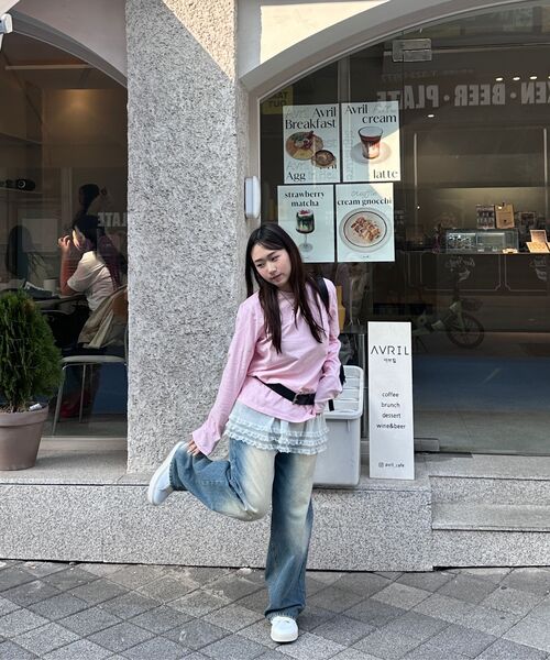 MELLOTORY(メロートリー)の「ソフトストライプTシャツ (2カラー)(Tシャツ/カットソー・レディース・ラベンダー/ピンク・FREE)」の7枚目の写真