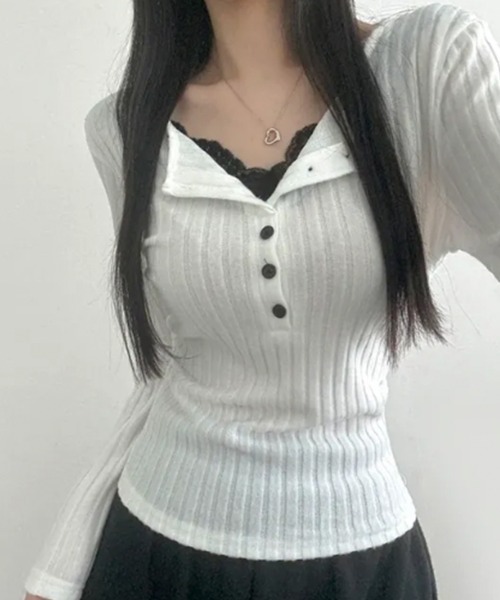 Emilie(エミリー)の「レースドッキングリブニットトップス(Tシャツ/カットソー・レディース・ベージュ/チャコールグレー/アイボリー/ブラック・FREE)」の10枚目の写真