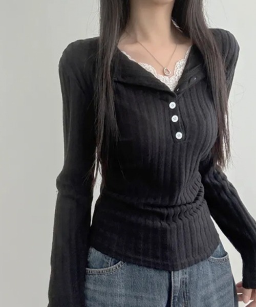 Emilie(エミリー)の「レースドッキングリブニットトップス(Tシャツ/カットソー・レディース・ベージュ/チャコールグレー/アイボリー/ブラック・FREE)」の21枚目の写真