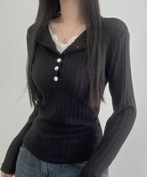 Emilie(エミリー)の「レースドッキングリブニットトップス(Tシャツ/カットソー・レディース・ベージュ/チャコールグレー/アイボリー/ブラック・FREE)」の22枚目の写真