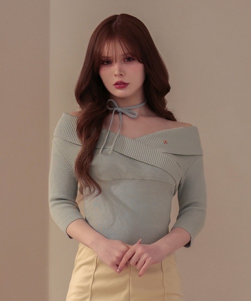 M DOLLY(エムドリー)の「*M DOLLY original* Cross ellie knit tops/クロスエリーニットトップス(ニット/セーター・レディース・ピンク/ライトブルー/ブラック・FREE)」の3枚目の写真