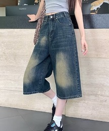ウォッシュ加工ワイドバミューダデニムパンツ