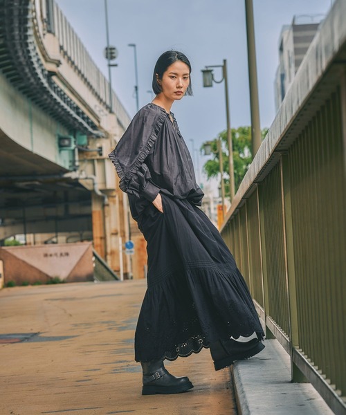フミエタナカ 23SS 刺繍 ブレスレット シャツ ブラウス 1 黒 ブラック LEPSIM（レプシィム） ブラウス シャツ ノーカラー刺繍レースシャツ