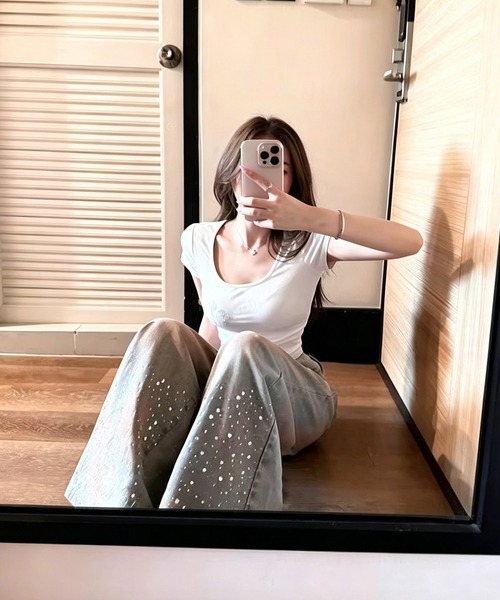 nonomi(ノノミ)の「【Y2K】ラインストーンクロス Uネック クロップド半袖Tシャ(Tシャツ/カットソー・レディース・ホワイト/ブラック・M)」の12枚目の写真