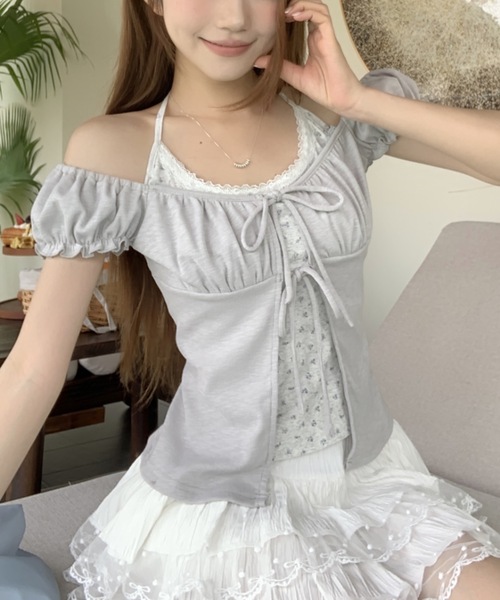 Alvia（アルビア）の「フロントリボンレイヤード風半袖Tシャツ（Tシャツ/カットソー・レディース・ピンク/ホワイト/グレー・M）」の6枚目の写真