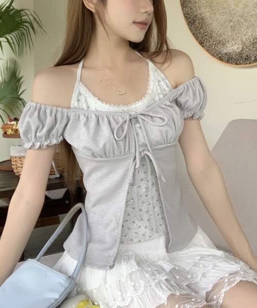Alvia（アルビア）の「フロントリボンレイヤード風半袖Tシャツ（Tシャツ/カットソー・レディース・ピンク/ホワイト/グレー・M）」の7枚目の写真