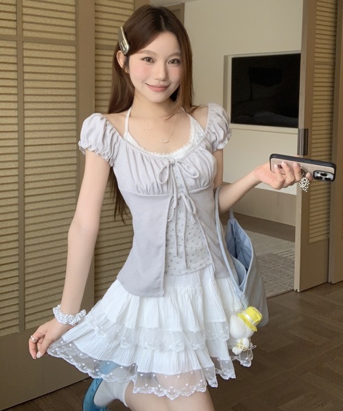 Alvia（アルビア）の「フロントリボンレイヤード風半袖Tシャツ（Tシャツ/カットソー・レディース・ピンク/ホワイト/グレー・M）」の11枚目の写真