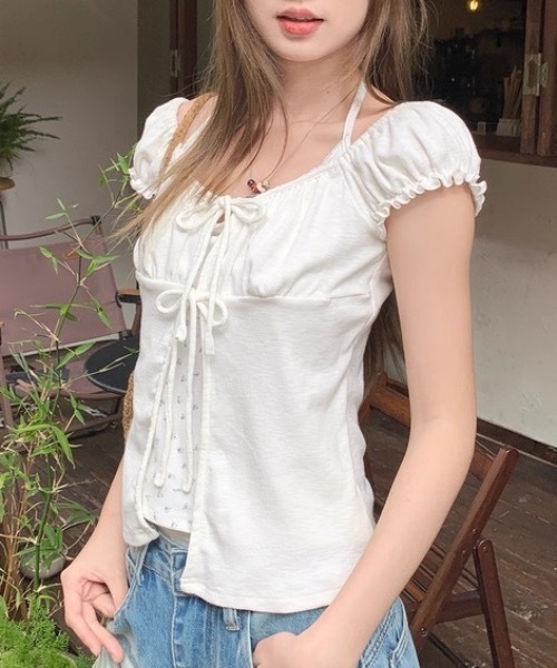 Alvia（アルビア）の「フロントリボンレイヤード風半袖Tシャツ（Tシャツ/カットソー・レディース・ピンク/ホワイト/グレー・M）」の21枚目の写真