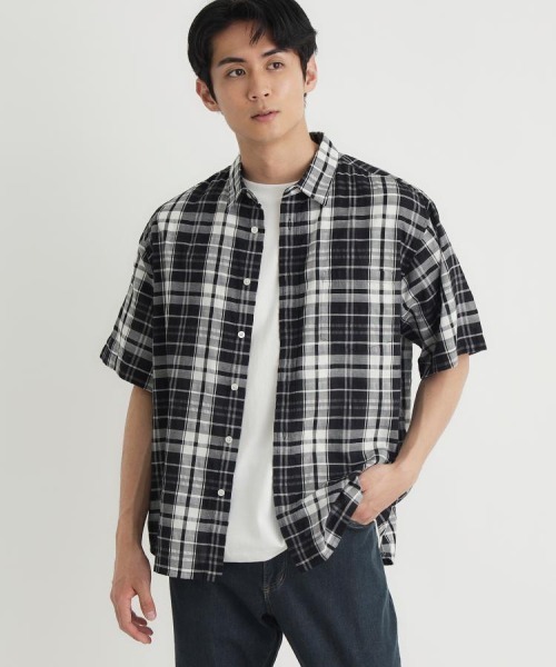 BACK NUMBER(バックナンバー)の「BACK NUMBER(バックナンバー)カラミ織りチェック半袖シャツ(シャツ/ブラウス・メンズ・グリーン/ブラック/ブルー・M/L/XL/S)」の2枚目の写真