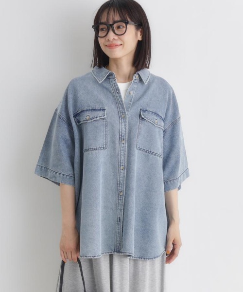 Right-on（ライトオン）の「HONEYSUCKLE ROSE(ハニーサックルローズ)【レディース】ケミカル加工ワーク半袖シャツ/セットアップ対応（シャツ/ブラウス・レディース・ライトインディゴブルー・S/M/L）」の12枚目の写真