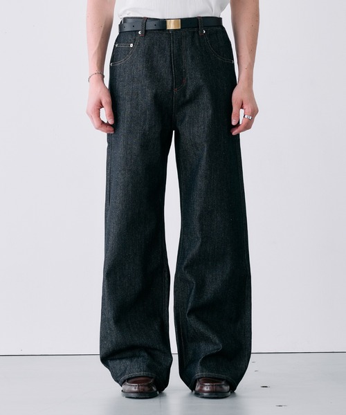 Adoon plain(アドーンプレーン)の「CONTRAST TACK SKIM STRAIGHT DENIM / スリムストレートリジットデニムパンツ(デニムパンツ・メンズ・ブラック/インディゴブルー・MEDIUM/SMALL/LARGE)」の1枚目の写真