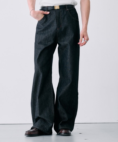 Adoon plain(アドーンプレーン)の「CONTRAST TACK SKIM STRAIGHT DENIM / スリムストレートリジットデニムパンツ(デニムパンツ・メンズ・ブラック/インディゴブルー・MEDIUM/SMALL/LARGE)」の3枚目の写真