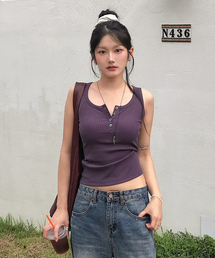 Button Henley Neck Sleeveless Top (Purple)