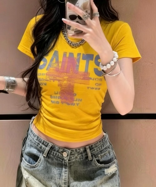 Lis ardent（リスアルダン）の「ヴィンテージ風ロゴプリントTシャツ / ピグメント加工コンパクト半袖トップス/ストリート（Tシャツ/カットソー・レディース・イエロー/ブラック/グリーン/ブルー/ホワイト・M）」の5枚目の写真