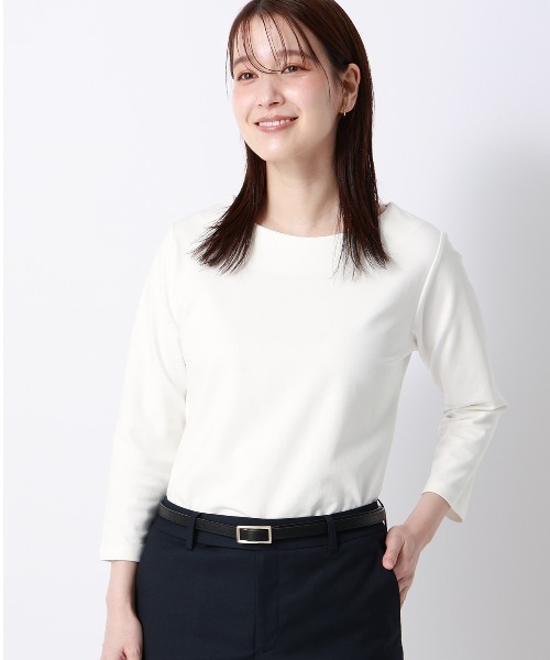 SUIT SQUARE(スーツスクエア)の「ボートネックプルオーバー/7分袖/ウォッシャブル/接触冷感/UVカット/透け防止/TCポンチ/無地(シャツ/ブラウス・レディース・ブラック/ホワイト・36/40/38)」の1枚目の写真