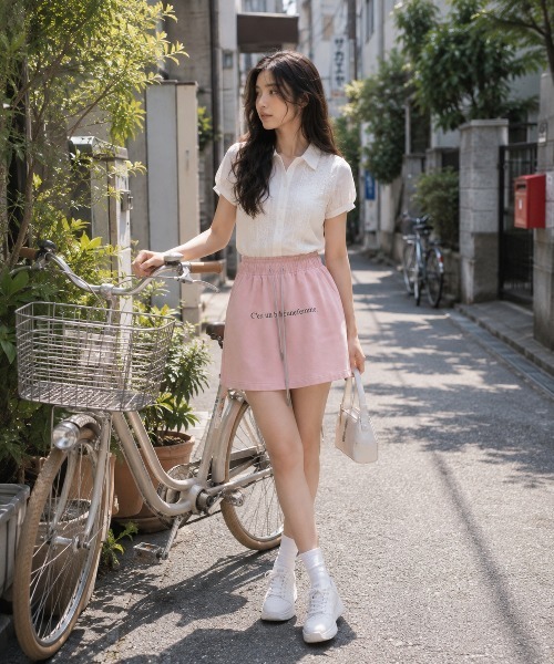 KONVINI（コンビニ）の「【KONVINI select】ロゴ入り ミニスカートスカパン　キュロット ナイロンスカート 韓国ファッション Y2K スポーツミックスカラーコーデ（スカート・レディース・ブラック/ピンク/イエロー・FREE）」の11枚目の写真