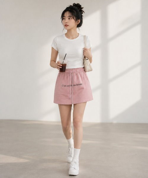 KONVINI（コンビニ）の「【KONVINI select】ロゴ入り ミニスカートスカパン　キュロット ナイロンスカート 韓国ファッション Y2K スポーツミックスカラーコーデ（スカート・レディース・ブラック/ピンク/イエロー・FREE）」の14枚目の写真