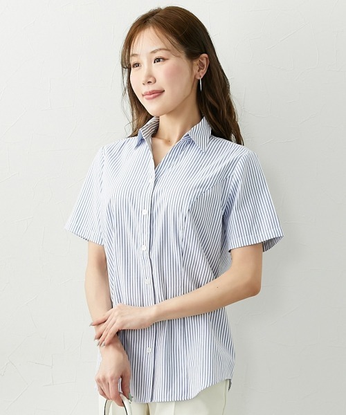 Nissen glamor(ニッセングラマー)の「【大きい胸専用】ボタンがきちんと閉まる美ラインストライプ半袖スキッパーシャツ(シャツ/ブラウス・レディース・ブルー/ホワイト×ブルー・M/3L/LL/L)」の2枚目の写真