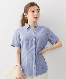 【大きい胸専用】ボタンがきちんと閉まる美ラインストライプ半袖スキッパーシャツ