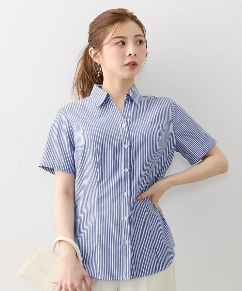 Nissen glamor(ニッセングラマー)の「【大きい胸専用】ボタンがきちんと閉まる美ラインストライプ半袖スキッパーシャツ(シャツ/ブラウス・レディース・ブルー/ホワイト×ブルー・M/3L/LL/L)」の1枚目の写真