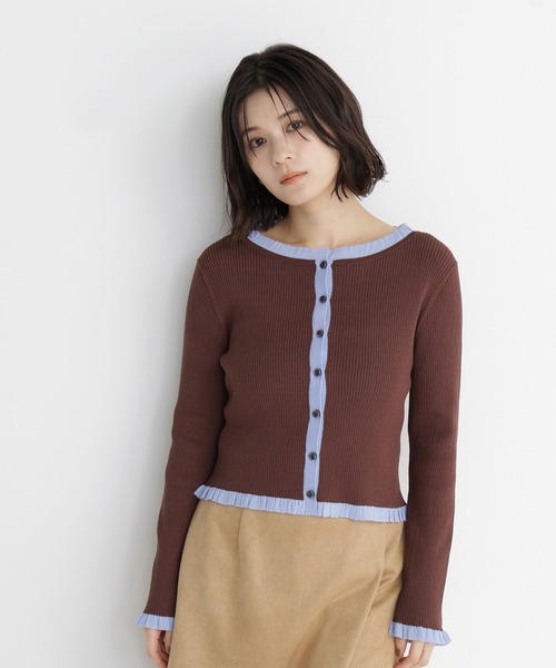 NATURAL BEAUTY BASIC（ナチュラルビューティーベーシック）の「フリルトリム総針配色カーデ（カーディガン/ボレロ・レディース・ブラウン系その他/ブラック系その他2/グレー系その他・ﾌﾘ-）」の7枚目の写真