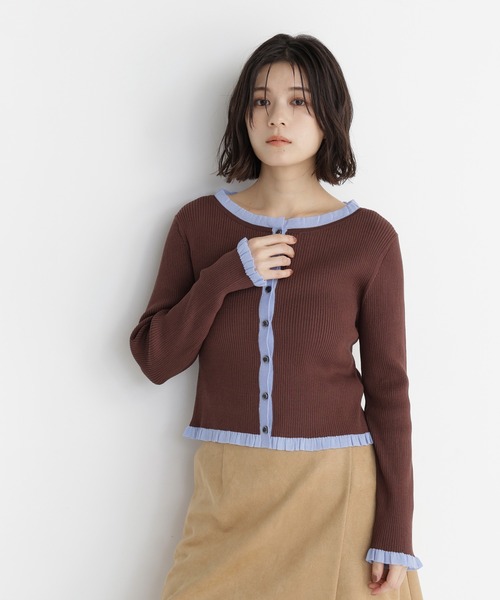 NATURAL BEAUTY BASIC（ナチュラルビューティーベーシック）の「フリルトリム総針配色カーデ（カーディガン/ボレロ・レディース・ブラウン系その他/ブラック系その他2/グレー系その他・ﾌﾘ-）」の11枚目の写真