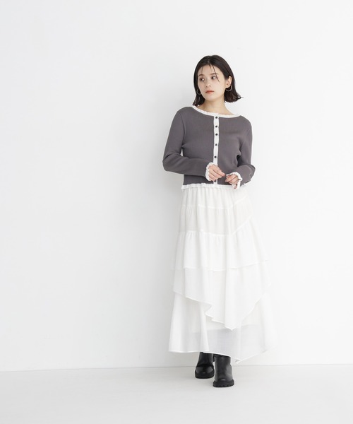 NATURAL BEAUTY BASIC（ナチュラルビューティーベーシック）の「フリルトリム総針配色カーデ（カーディガン/ボレロ・レディース・ブラウン系その他/ブラック系その他2/グレー系その他・ﾌﾘ-）」の18枚目の写真
