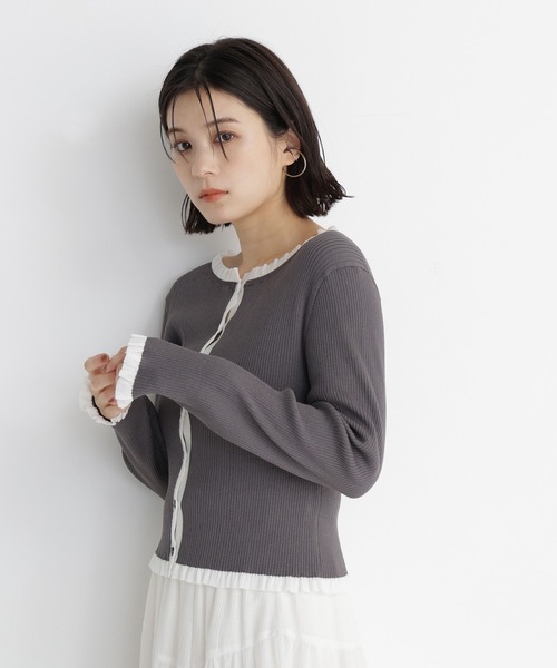 NATURAL BEAUTY BASIC（ナチュラルビューティーベーシック）の「フリルトリム総針配色カーデ（カーディガン/ボレロ・レディース・ブラウン系その他/ブラック系その他2/グレー系その他・ﾌﾘ-）」の22枚目の写真