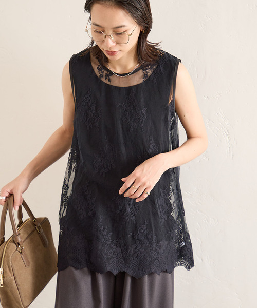 JOURNAL STANDARD(ジャーナルスタンダード)の「チュールスカラレースレイヤードノースリーブ(Tシャツ/カットソー・レディース・ブラック/アイボリー・FREE)」の2枚目の写真