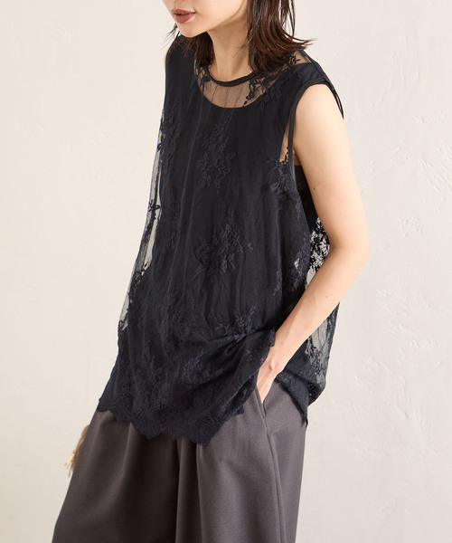 JOURNAL STANDARD(ジャーナルスタンダード)の「チュールスカラレースレイヤードノースリーブ(Tシャツ/カットソー・レディース・ブラック/アイボリー・FREE)」の9枚目の写真