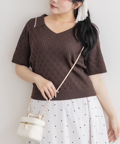 CLETTE(クレット)の「ミニケーブル襟付きニット(ニット/セーター・レディース・ブラウン/ブルー/ピンクベージュ・LL/4L/3L)」の2枚目の写真