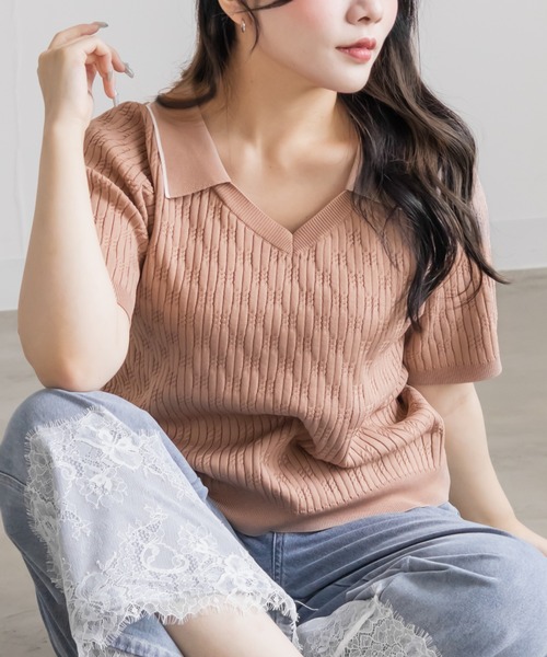 CLETTE(クレット)の「ミニケーブル襟付きニット(ニット/セーター・レディース・ブラウン/ブルー/ピンクベージュ・LL/4L/3L)」の14枚目の写真