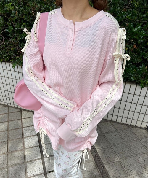 WC（ダブル シー）の「ドットラインリボンワッフルロンT（Tシャツ/カットソー・レディース・サックスブルー/ピンク/グレー・FREE）」の3枚目の写真