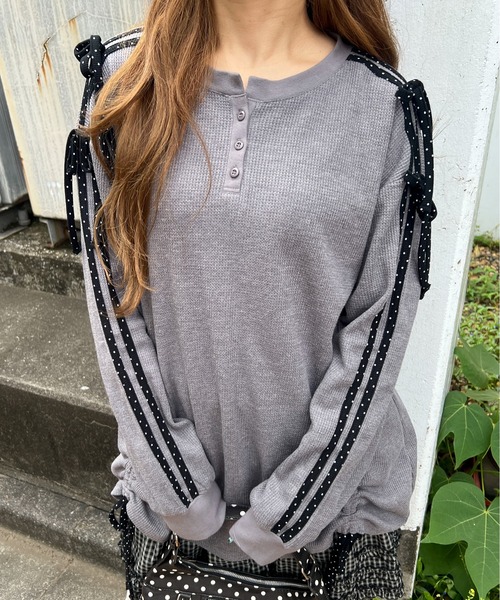 WC（ダブル シー）の「ドットラインリボンワッフルロンT（Tシャツ/カットソー・レディース・サックスブルー/ピンク/グレー・FREE）」の4枚目の写真