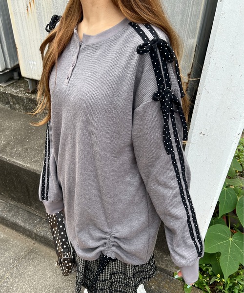 WC（ダブル シー）の「ドットラインリボンワッフルロンT（Tシャツ/カットソー・レディース・サックスブルー/ピンク/グレー・FREE）」の5枚目の写真