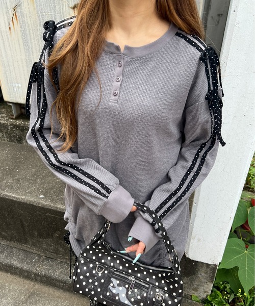 WC（ダブル シー）の「ドットラインリボンワッフルロンT（Tシャツ/カットソー・レディース・サックスブルー/ピンク/グレー・FREE）」の6枚目の写真