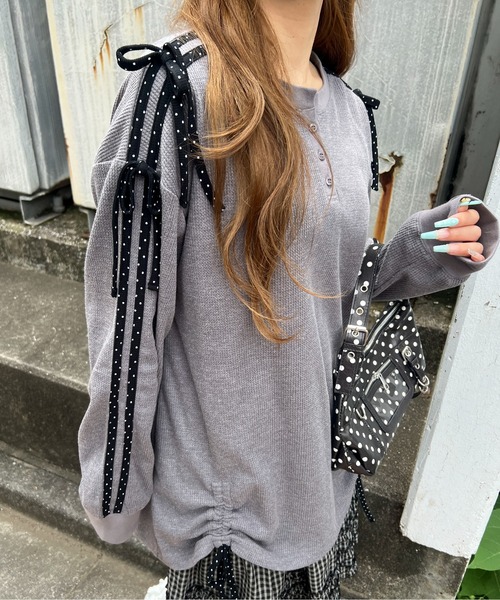 WC（ダブル シー）の「ドットラインリボンワッフルロンT（Tシャツ/カットソー・レディース・サックスブルー/ピンク/グレー・FREE）」の7枚目の写真